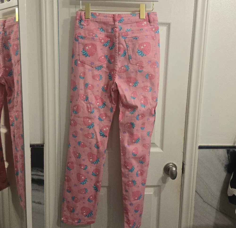 Sugar Thrillz Pink Strawberry Print Straight Leg Jeans - Picture 3 of 7